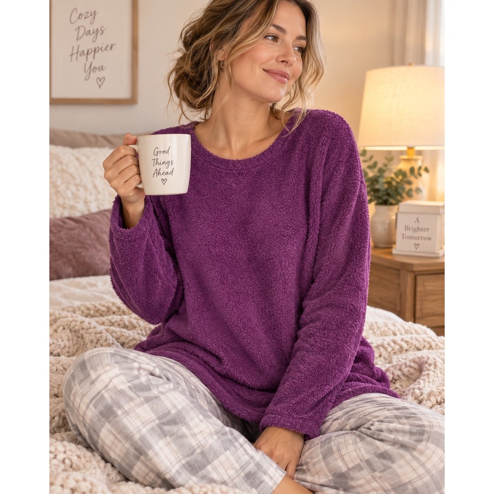 Torrid Women 2 Purple Sleep Top Teddy Fleece Fuzzy Long Sleeve Crew Neck Lounge